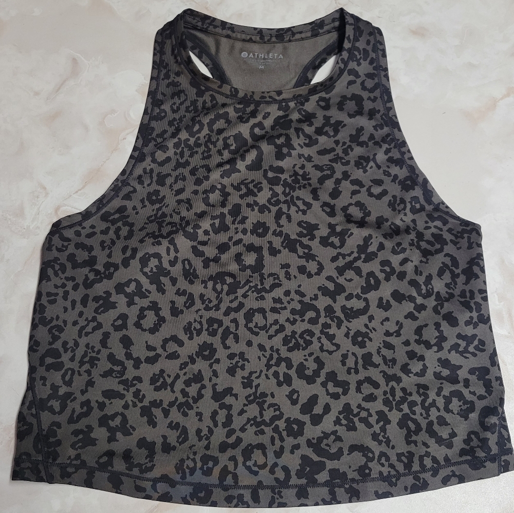 Athleta Leopard Print Racerback Tank Top Size Medium Gray Black Athletic Top